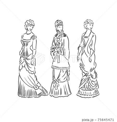 Antique dressed lady. Old fashion vector illustration. Victorian woman in historical dress. Vintage stylized drawing, retro woodcut style 75645471