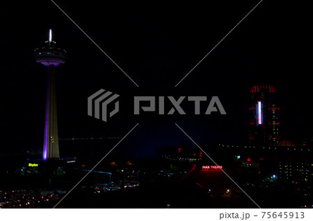 NIAGARA FALLS, ONTARIO, CANADA - MAY 21st 2018: The Skylon Tower, Casino and hotels at Niagara Falls at night 75645913