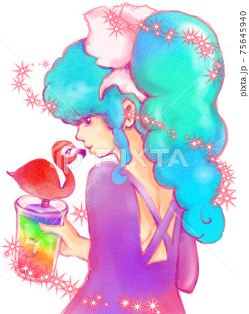 レインボーカラーのドリンクをフラミンゴのストローで飲む女性のイラスト素材 レインボーカラーのドリンクをフラミンゴのストローで飲む女性のイラスト素材