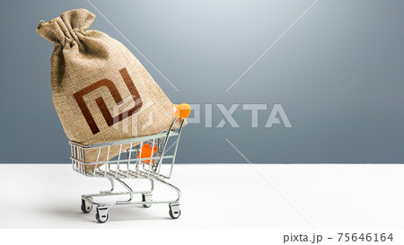 Israeli shekel money bag in a shopping cart. Public budgeting. Profits and super profits. Business and trade concept. Minimum living wage. Loans, microloans. Consumer basket. Economic bubbles. 75646164