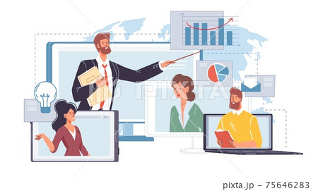 Cartoon flat man character communicates in mobile phone,computer apps,vector illustration concept 75646283