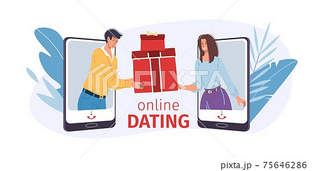 Flat cartoon characters couple,online date love chat,Valentine Day greeting card vector illustration concept Flat cartoon characters couple,online date love chat,Valentine Day greeting card vector illustration concept 75646286
