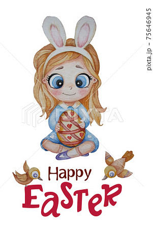Easter bunny woman. A cute girl in a blue dress with long white hair and bunny ears on her head. She is holding a Easter egg. Vertical postcard with the text Happy Easter. Watercolor. White background 75646945