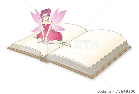 開いた本の上に座っているピンク色の羽を持つ妖精 開いた本の上に座っているピンク色の羽を持つ妖精 75649300