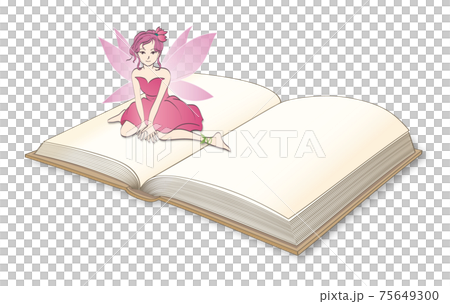 開いた本の上に座っているピンク色の羽を持つ妖精 開いた本の上に座っているピンク色の羽を持つ妖精 75649300