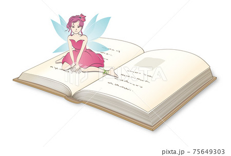 開いた本の上に座っている水色の羽を持つ妖精 開いた本の上に座っている水色の羽を持つ妖精 75649303
