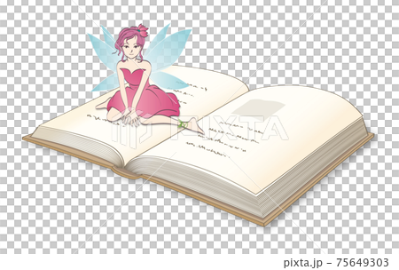 開いた本の上に座っている水色の羽を持つ妖精 開いた本の上に座っている水色の羽を持つ妖精 75649303
