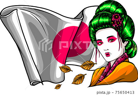 Beautiful Geisha with leaves and japan flag 75650413