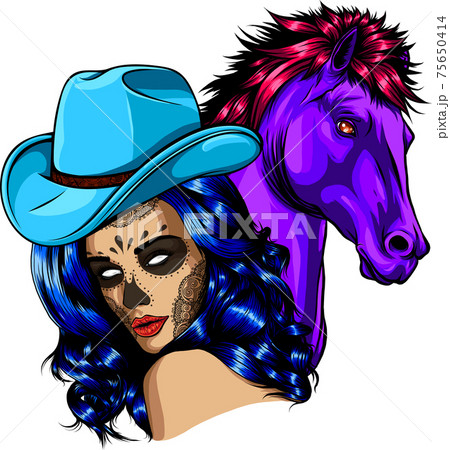 girl dressed as a cowboy with horse 75650414