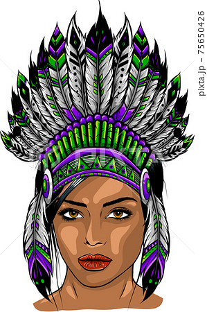 Beautiful girl in a headdress of North American Indians. 75650426