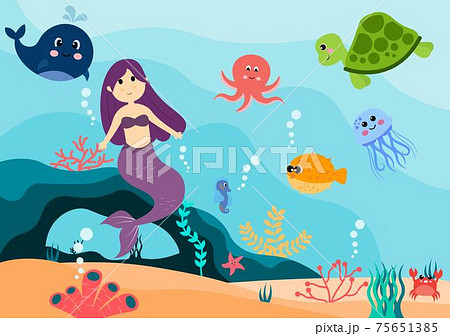Underwater Mermaid Vector Illustration Cute Sea Animals Cartoon Characters Along with Fish, Turtle, Octopus, Seahorse, Crab Underwater Mermaid Vector Illustration Cute Sea Animals Cartoon Characters Along with Fish, Turtle, Octopus, Seahorse, Crab 75651385
