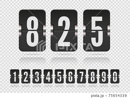 Set of flip floating numbers on a mechanical score board with reflection. Vector template for your design. 75654339