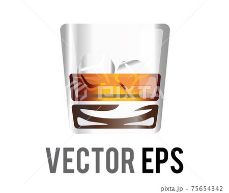 Vector short flat tumbler glass of brown liquor Scotch whisky icon with ice cube 75654342