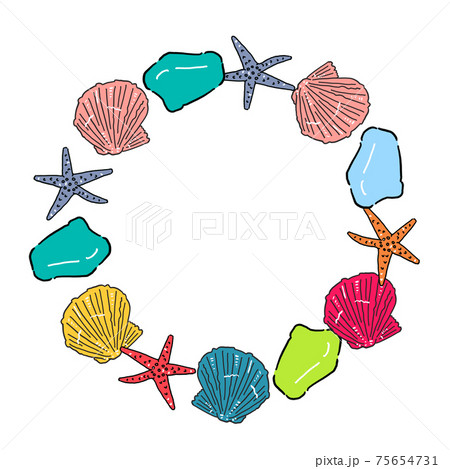 手描きのナデシコ貝殻とシーグラスとヒトデのイラスト 円フレーム 大のイラスト素材