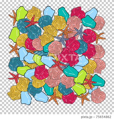 Hand-painted dianthus shell, sea glass, starfish illustration, square filling 75654862