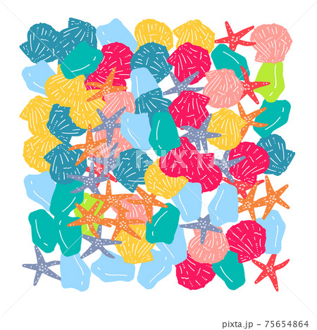 手描きのナデシコの貝殻とシーグラスとヒトデイラスト・塗りのみ・正方形埋めつくし 手描きのナデシコの貝殻とシーグラスとヒトデイラスト・塗りのみ・正方形埋めつくし 75654864