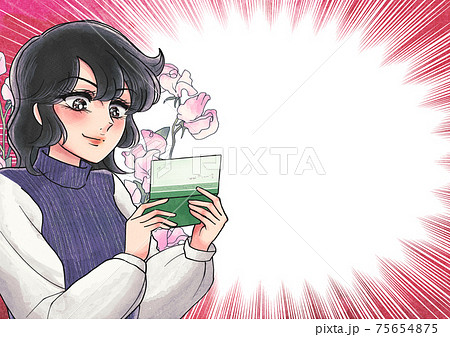 少女漫画レトロ風・通帳を見て喜ぶお姉さん・集中線バナー 75654875