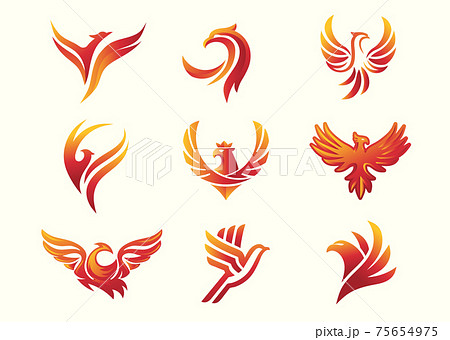 phoenix bird logo concept, red bird logo design, phoenix vector logo, creative logo of mythological bird, a unique bird, a flame born from ashes	 75654975