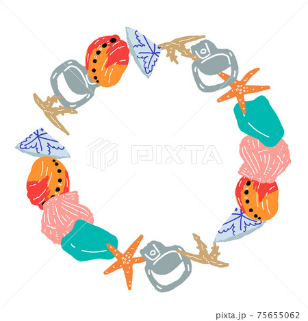 手描きのビーチコーミングのイラスト 円フレーム 塗りのみ 大のイラスト素材