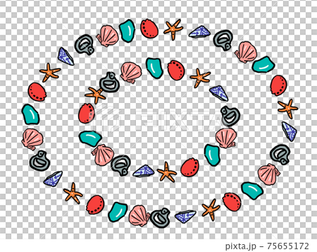手描きのビーチコーミングデフォルメイラスト・楕円フレームセット 75655172
