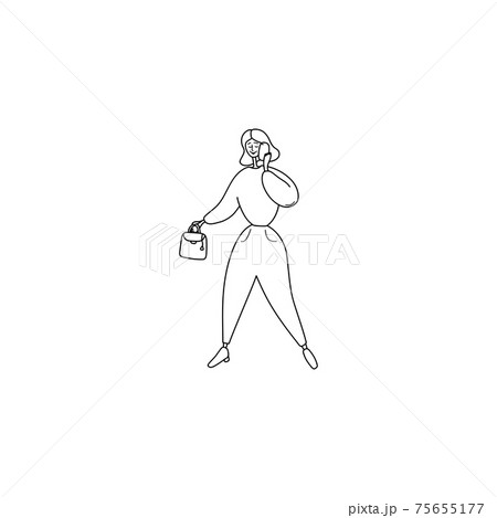 Young woman speaks on phone and holds bag in her hand. Girl smiles and talks on her mobile. Female character on walk talking on smartphone. Vector cartoon illustration 75655177