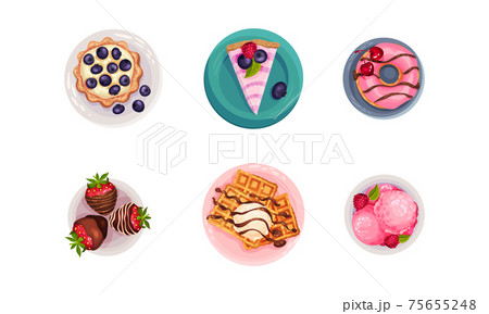 Desserts with Gaufre or Waffle, Tartlet and Cake Served on Plate Vector Set 75655248