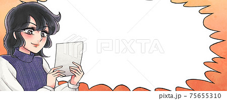 昭和の少女漫画タッチ・通帳を見て笑顔になるお姉さん・ふきだしバナー 75655310