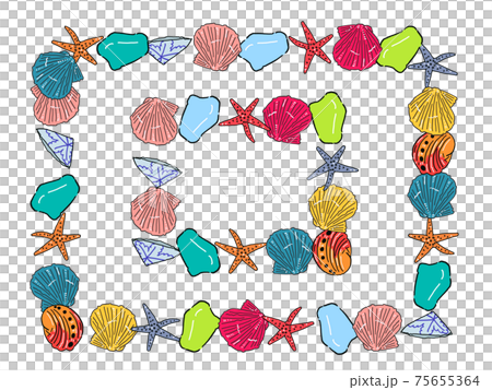 手描きのビーチコーミングのイラスト・長方形フレームセット 75655364