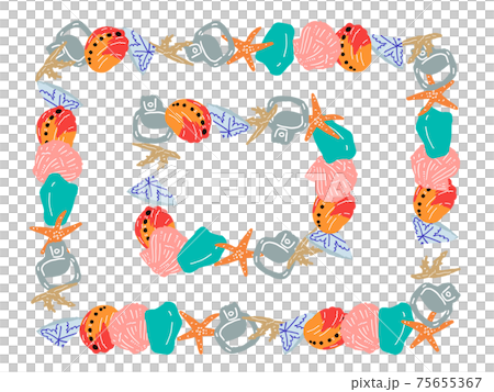 手描きのビーチコーミングのイラスト・塗りのみ・長方形フレームセット 75655367
