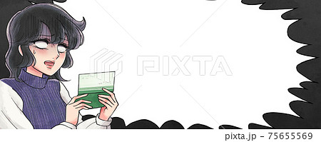 懐かしの少女漫画タッチ 通帳を見て青ざめる人のバナーのイラスト素材