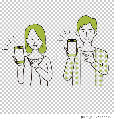 手描き1color 　夫婦　微笑む　ノ―カラー　2人の男女　スマホ紹介 75655640