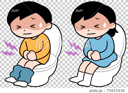 トイレでお腹をおさえる男の子と女の子のイラスト素材