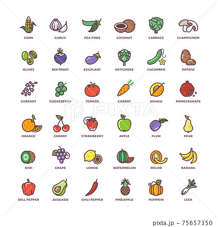 Fruit and vegetables line icons with flat elements Fruit and vegetables line icons with flat elements 75657350