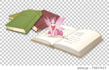 開いた本の上に座っているピンク色の羽を持つ妖精 開いた本の上に座っているピンク色の羽を持つ妖精 75657417