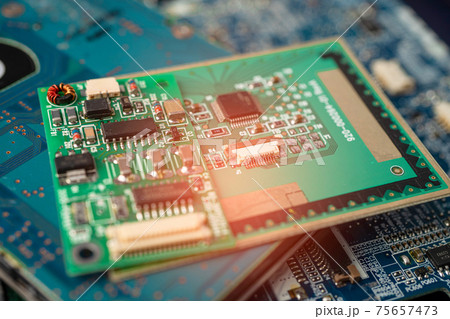 E-waste electronic, computer circuit cpu chip mainboard core processor electronics device, concept of data, hardware, technician and technology. 75657473