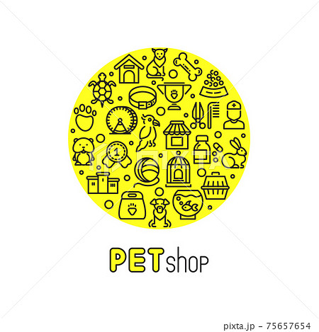 Pet shop and vet clinic logo with line icons of cats, dogs, goods for animals 75657654
