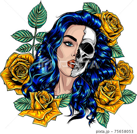 illustration head skull girl with roses around 75658053