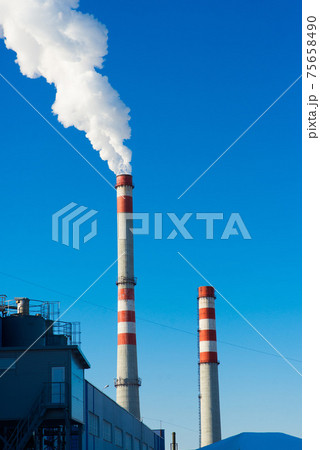 Industrial landscape, cranes, pipes with smoke. Air pollution from smokestacks, ecological problems. Industrial landscape, cranes, pipes with smoke. Air pollution from smokestacks, ecological problems. 75658490