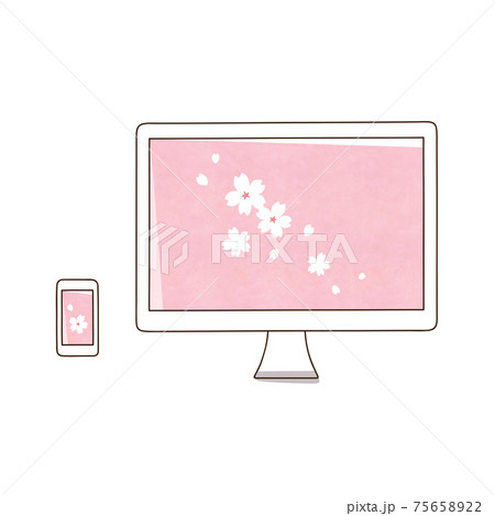 スマホとデスクトップパソコン 桜の花のイラスト素材