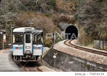 スイッチバックの秘境駅に停車する普通列車 75659134