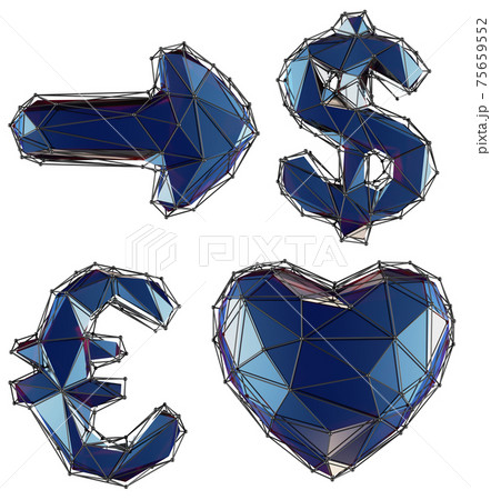 Symbol collection arrow, dollar, euro, heart made of green glass. Collection symbols of low poly style blue color glass isolated on white background Symbol collection arrow, dollar, euro, heart made of green glass. Collection symbols of low poly style blue color glass isolated on white background 75659552