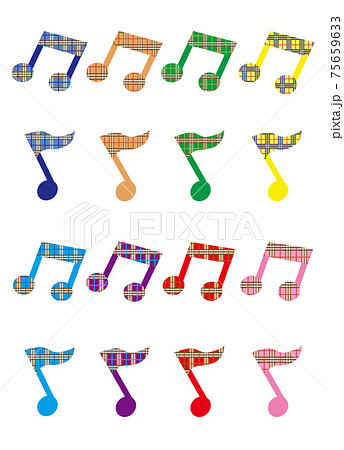 8色 2種類のチェック柄の音符のイラスト素材