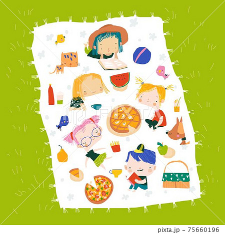 Happy children having picnic at the lawn. Hello summer 75660196