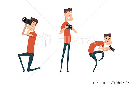 Man Paparazzi Taking Photo with Camera Set, Funny Photographer with Camera in Various Poses Cartoon Vector Illustration 75660373