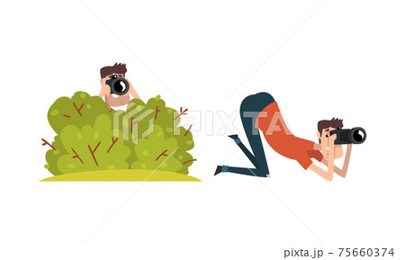 Paparazzi with Camera Sitting in Ambush, Set of Photographers Following Celebrity Cartoon Vector Illustration 75660374