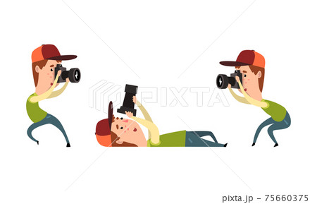 Man Paparazzi with Camera Set, Photographer with Camera in Various Poses Cartoon Vector Illustration 75660375