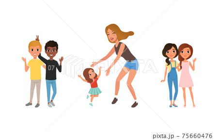 Happy Teenagers, Mom and Kid Hugging with Smiling Faces Set, Friendship and Parenting Concept Cartoon Vector Illustration Happy Teenagers, Mom and Kid Hugging with Smiling Faces Set, Friendship and Parenting Concept Cartoon Vector Illustration 75660476