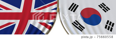 Flags of the United Kingdom and Korea and closing or opening zipper between them. Political negotiations or interaction conceptual 3D rendering Flags of the United Kingdom and Korea and closing or opening zipper between them. Political negotiations or interaction conceptual 3D rendering 75660558