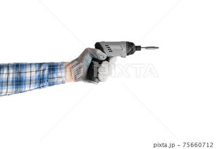 hand holds a construction tool battery ( accumulator)  drill - screwdriver 75660712