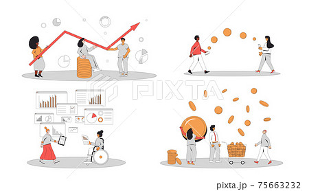 Financial and business analytics set. Different characters with money  and graphs isolated on white background. Budget, business advisor, investors, donation, online payment. People with income. 75663232